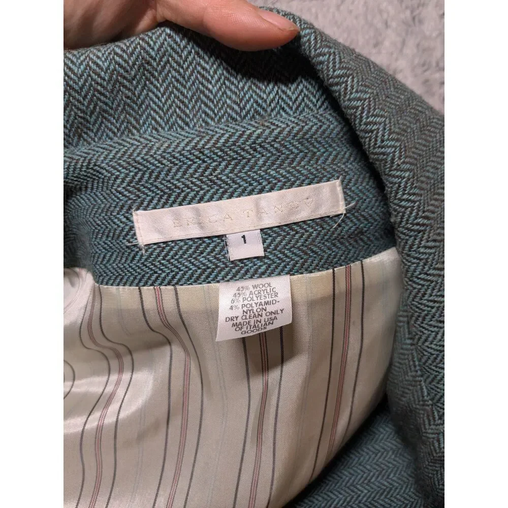 Erica Tanov Wool Peacoat Blue Long Size 1 Small Pockets Buttons Chevron